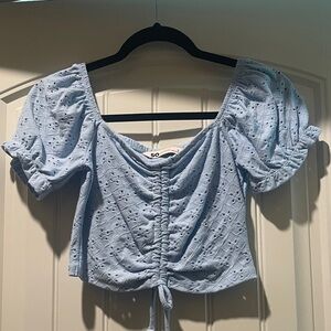 SO Powder Blue Eyelet Ruched Tie-Front Puff Sleeve Crop Top